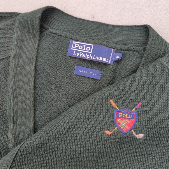 Vintage Polo Ralph Lauren Cardigan Sweater Mens XL Green Golf Clubs Crest Logo - Picture 1 of 12